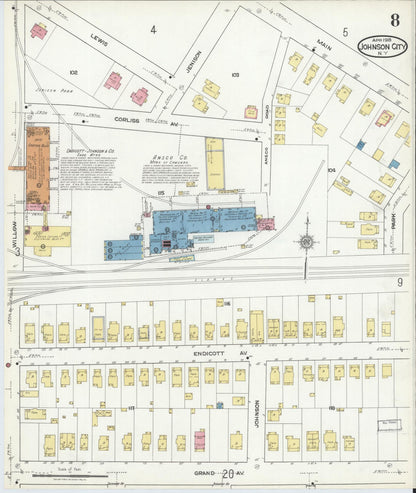Sanborn Fire Insurance Map from Johnson City, Broome County, New York (1918), Sheet #0008 - Historic Sanborn Fire Insurance Map Print, vintage old map wall art, antique decor, genealogy gift, New York New York map