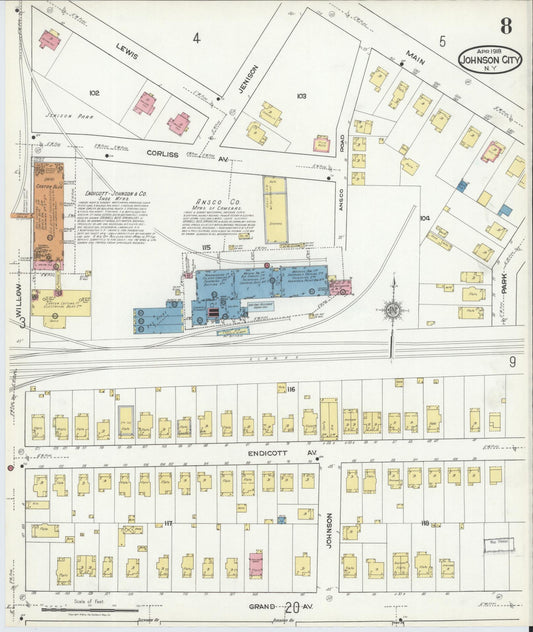 Sanborn Fire Insurance Map from Johnson City, Broome County, New York (1918), Sheet #0008 - Historic Sanborn Fire Insurance Map Print, vintage old map wall art, antique decor, genealogy gift, New York New York map