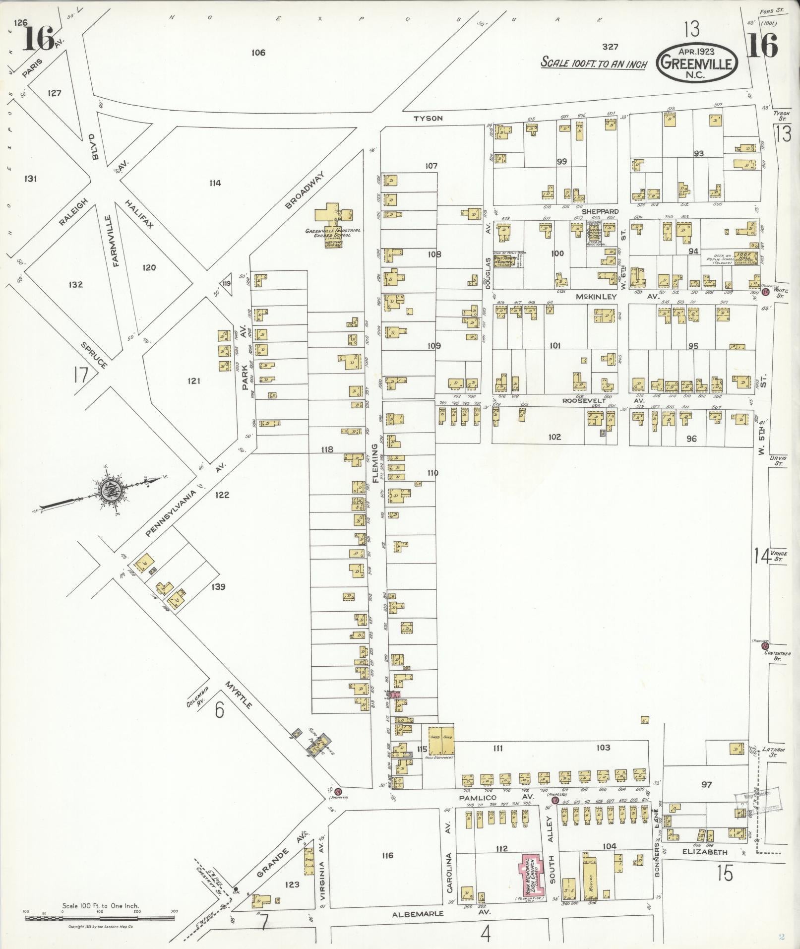 Sanborn Fire Insurance Map from Greenville, Pitt County, North Carolina (1923), Sheet #0016 - Historic Sanborn Fire Insurance Map Print, vintage old map wall art, antique decor, genealogy gift, North Carolina North Carolina map