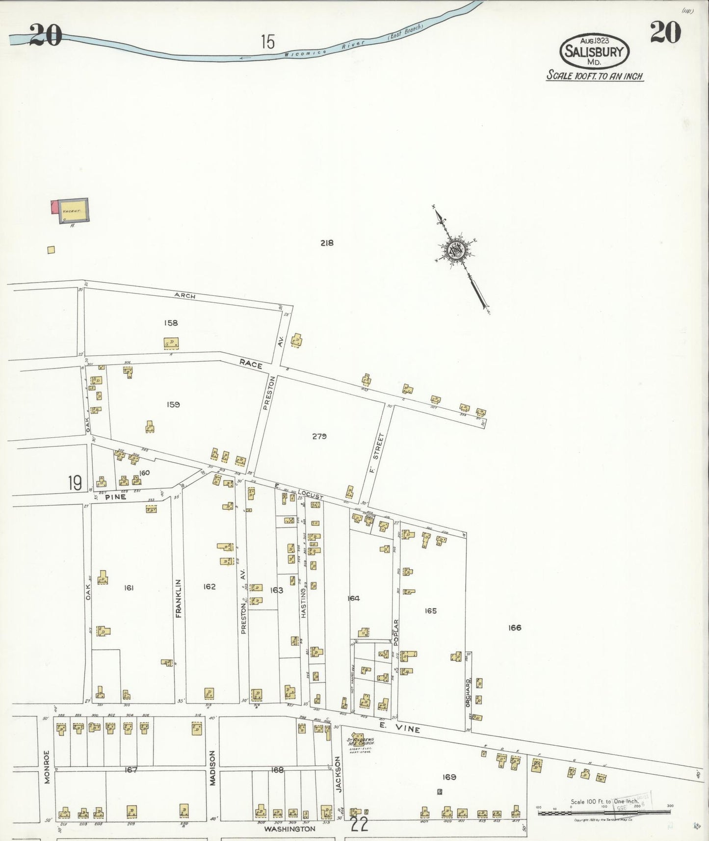 Sanborn Fire Insurance Map from Salisbury, Wicomico County, Maryland (1923), Sheet #0020 - Historic Sanborn Fire Insurance Map Print, vintage old map wall art