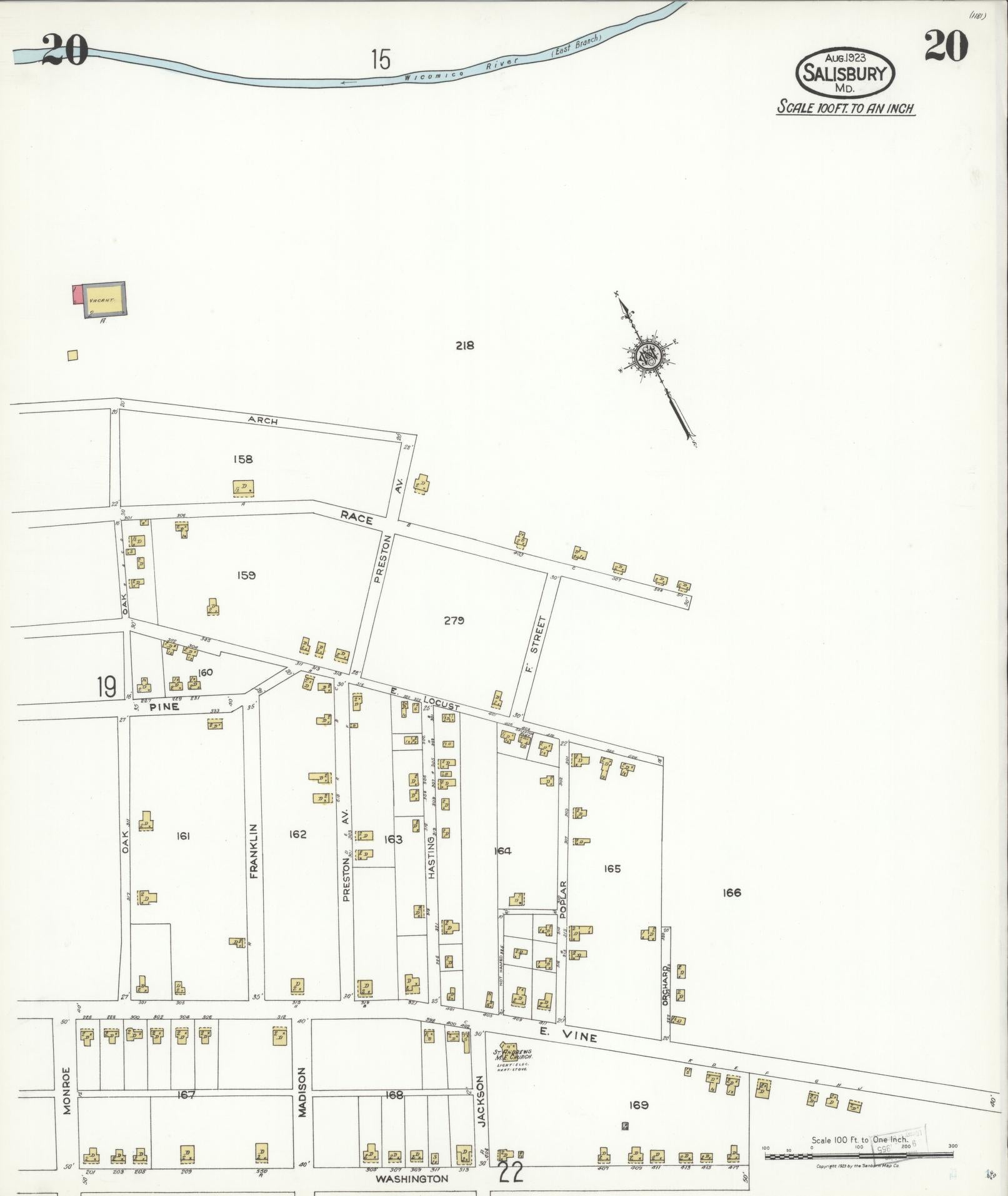 Sanborn Fire Insurance Map from Salisbury, Wicomico County, Maryland (1923), Sheet #0020 - Historic Sanborn Fire Insurance Map Print, vintage old map wall art