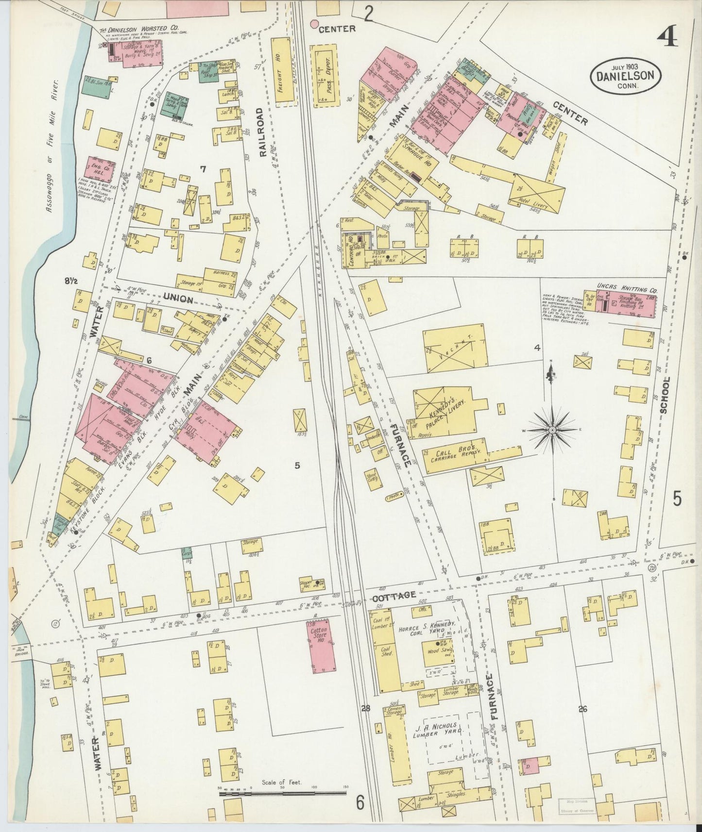 Sanborn Fire Insurance Map from Danielson, Windham County, Connecticut (1903), Sheet #0004 - Historic Sanborn Fire Insurance Map Print, vintage old map wall art, antique decor, genealogy gift, Connecticut Connecticut map