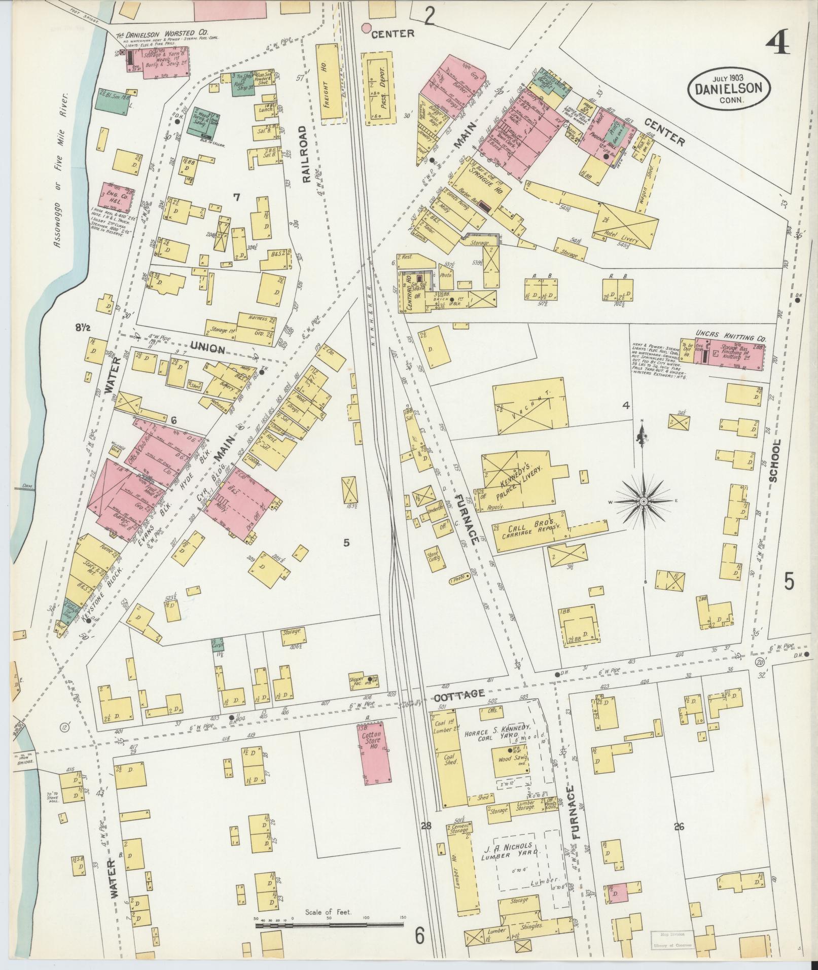 Sanborn Fire Insurance Map from Danielson, Windham County, Connecticut (1903), Sheet #0004 - Historic Sanborn Fire Insurance Map Print, vintage old map wall art, antique decor, genealogy gift, Connecticut Connecticut map
