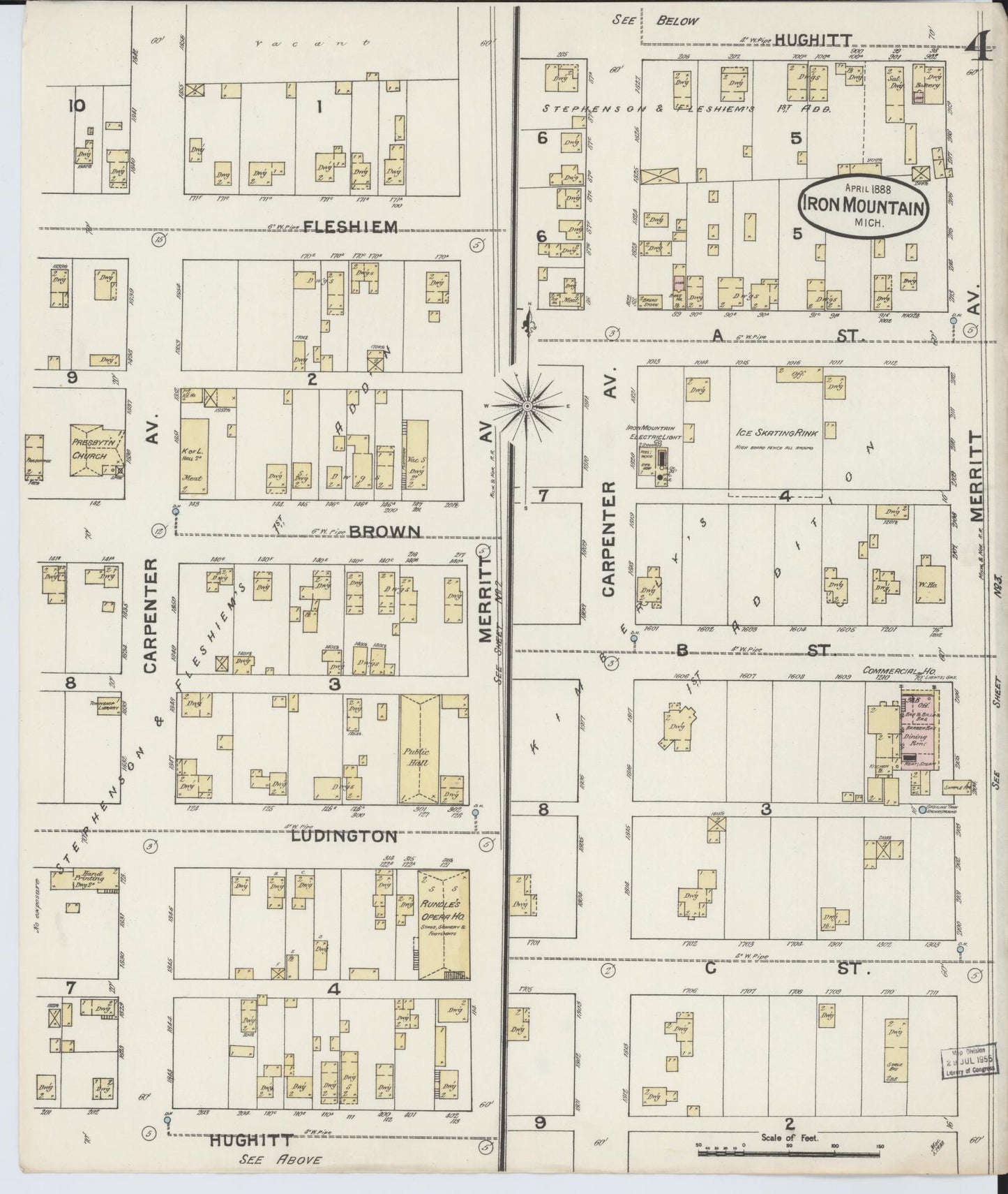 Sanborn Fire Insurance Map from Iron Mountain, Dickinson County, Michigan (1888), Sheet #0004 - Complete Map Set gallery image, historic Sanborn map, vintage wall art, Michigan Michigan