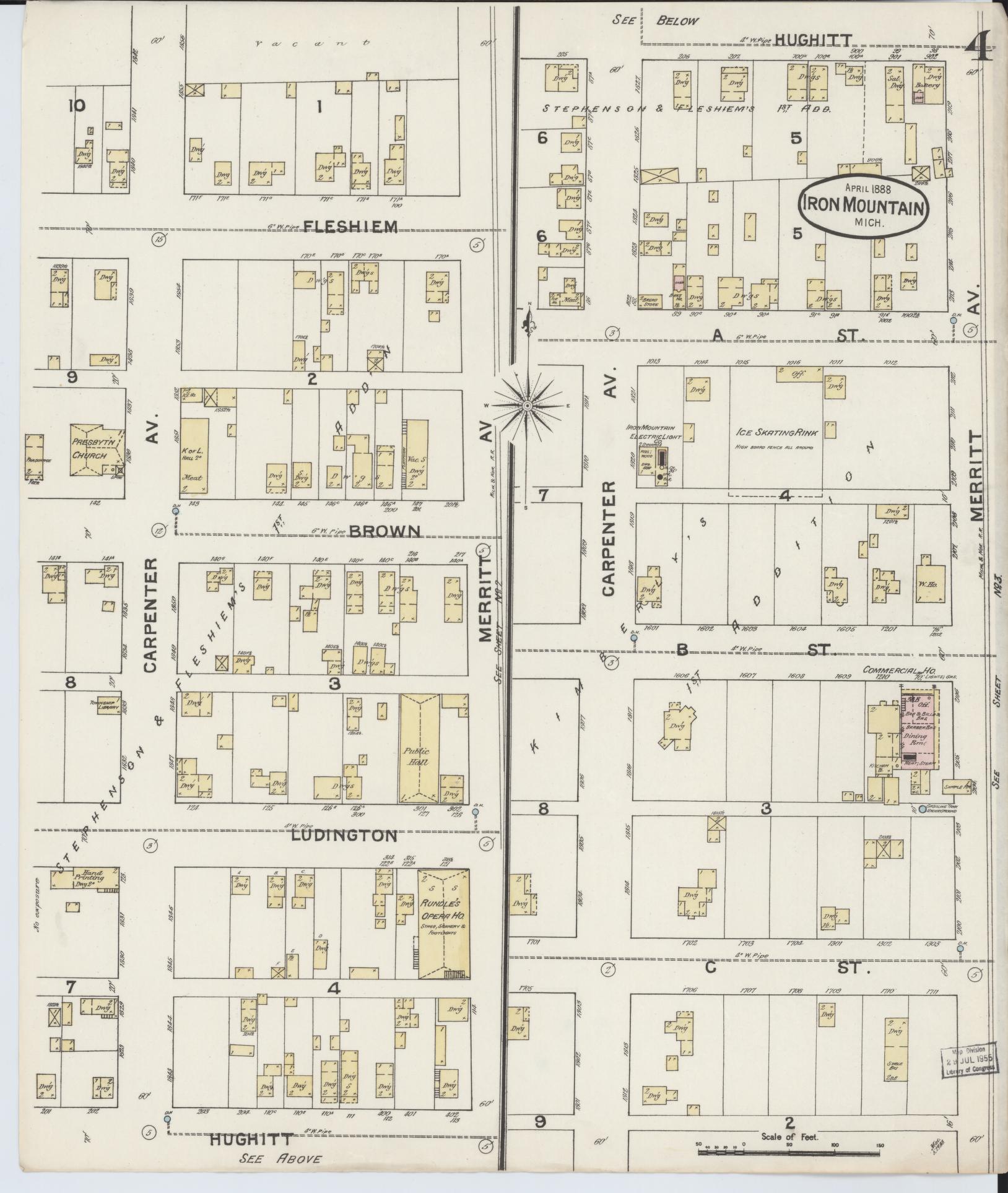 Sanborn Fire Insurance Map from Iron Mountain, Dickinson County, Michigan (1888), Sheet #0004 - Complete Map Set gallery image, historic Sanborn map, vintage wall art, Michigan Michigan