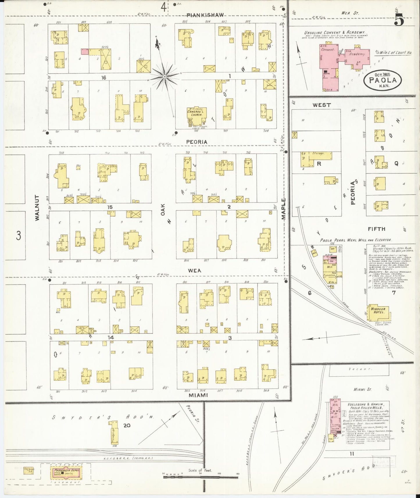 Sanborn Fire Insurance Map from Paola, Miami County, Kansas (1905), Sheet #0005 - Historic Sanborn Fire Insurance Map Print, vintage old map wall art, antique decor, genealogy gift, Kansas Kansas map