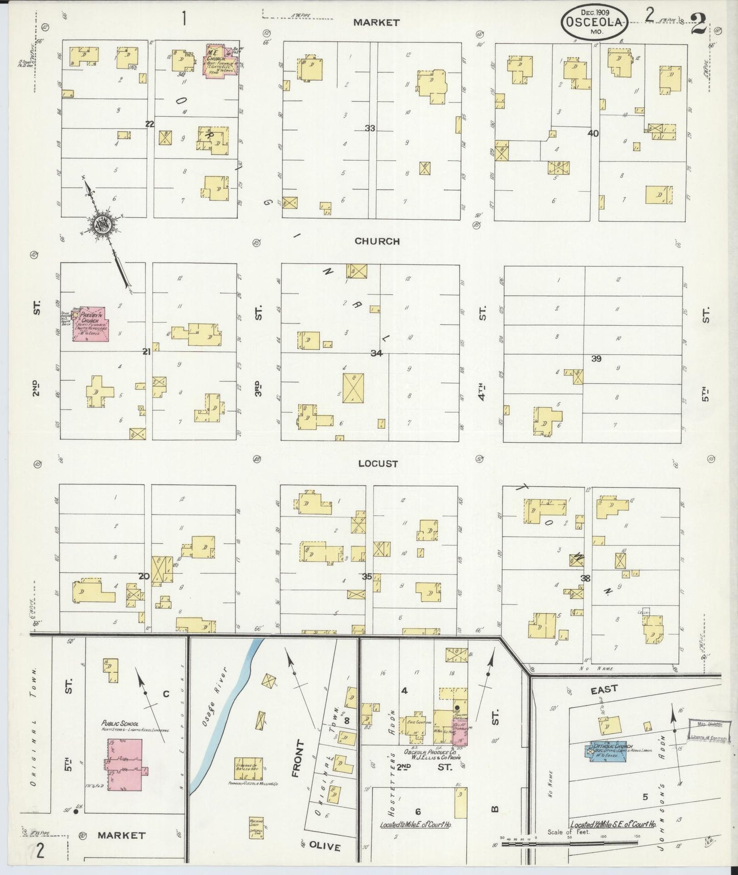 Sanborn Fire Insurance Map from Osceola, Saint Clair County, Missouri (1909), Sheet #0002 - Historic Sanborn Fire Insurance Map Print, vintage old map wall art, antique decor, genealogy gift, Missouri Missouri map