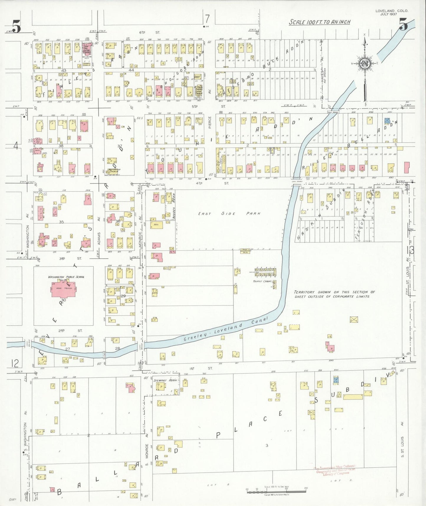 Sanborn Fire Insurance Map from Loveland, Larimer County, Colorado (1937), Sheet #0005 - Historic Sanborn Fire Insurance Map Print, vintage old map wall art, antique decor, genealogy gift, Colorado Colorado map