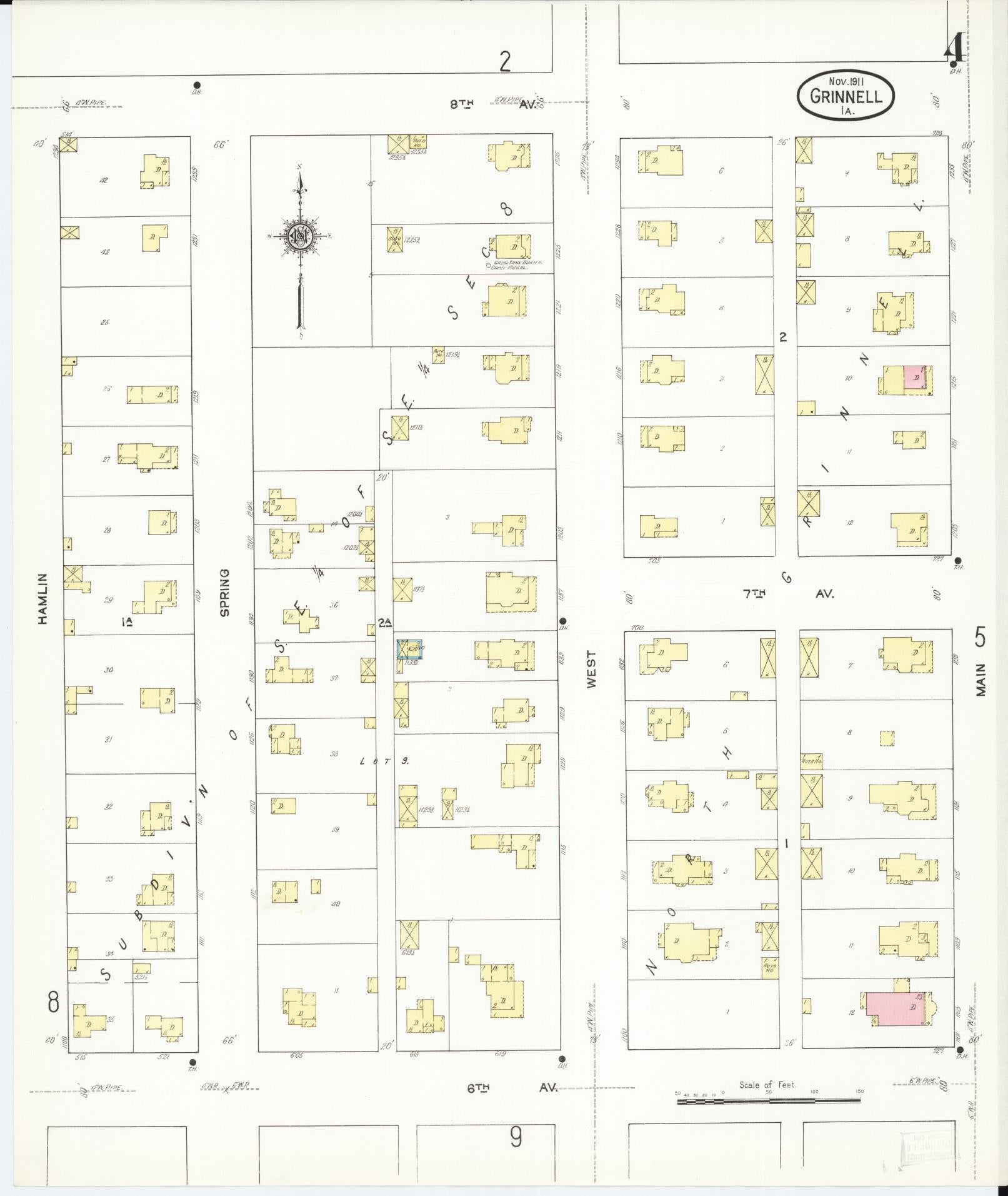 Sanborn Fire Insurance Map from Grinnell, Poweshiek County, Iowa (1911), Sheet #0004 - Historic Sanborn Fire Insurance Map Print, vintage old map wall art