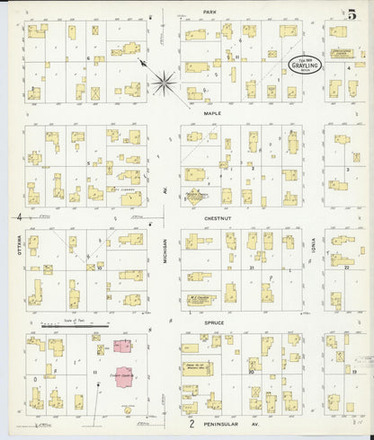 Sanborn Fire Insurance Map from Grayling, Crawford County, Michigan (1909), Sheet #0005 - Complete Map Set gallery image, historic Sanborn map, vintage wall art, Michigan Michigan