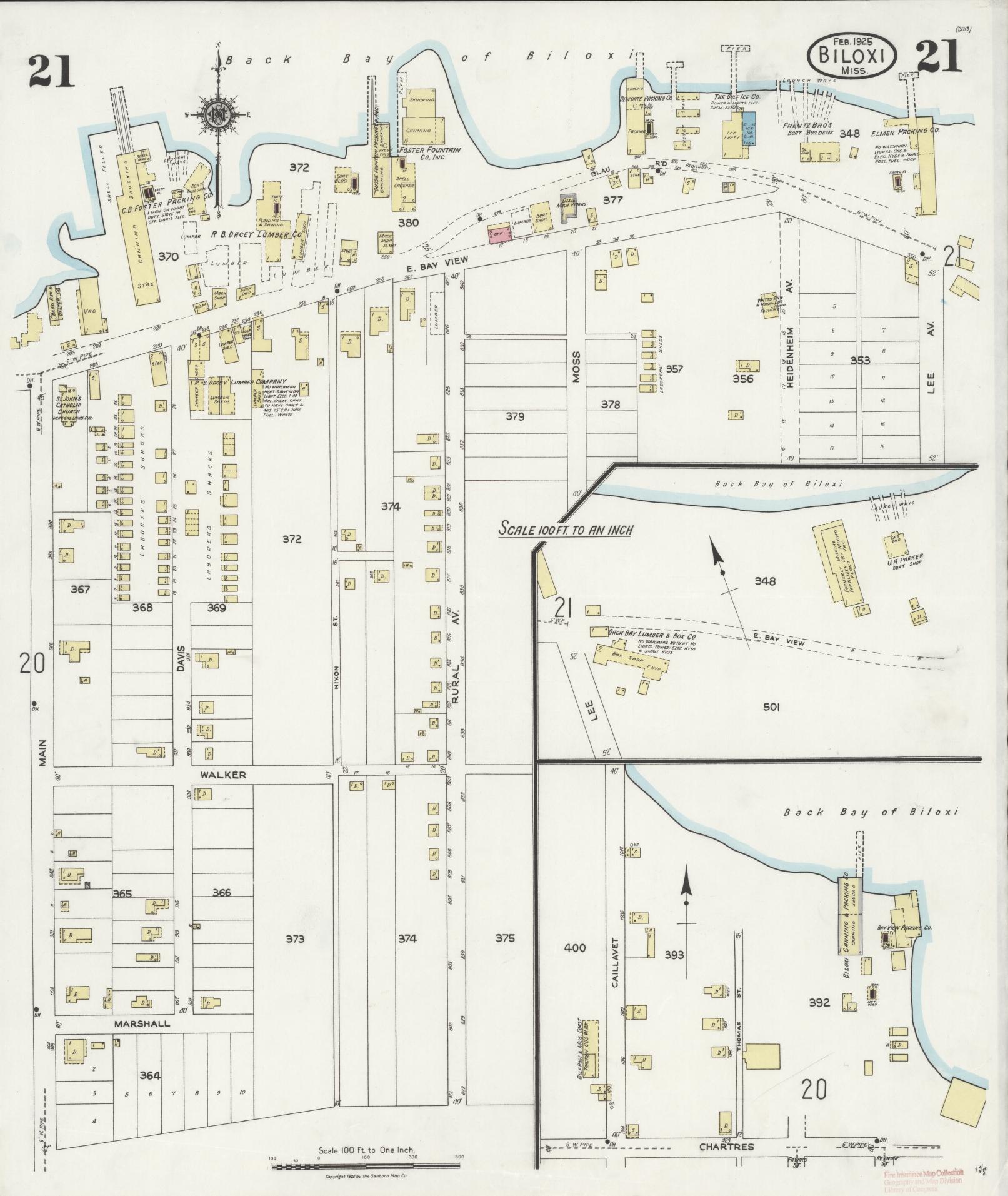 Sanborn Fire Insurance Map from Biloxi, Harrison County, Mississippi (1925), Sheet #0021 - Complete Map Set gallery image, historic Sanborn map, vintage wall art, Mississippi Mississippi