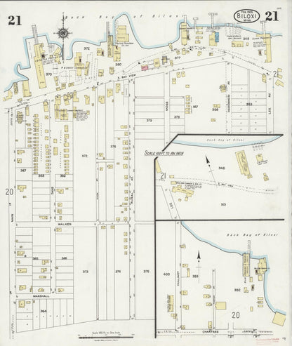 Sanborn Fire Insurance Map from Biloxi, Harrison County, Mississippi (1925), Sheet #0021 - Complete Map Set gallery image, historic Sanborn map, vintage wall art, Mississippi Mississippi