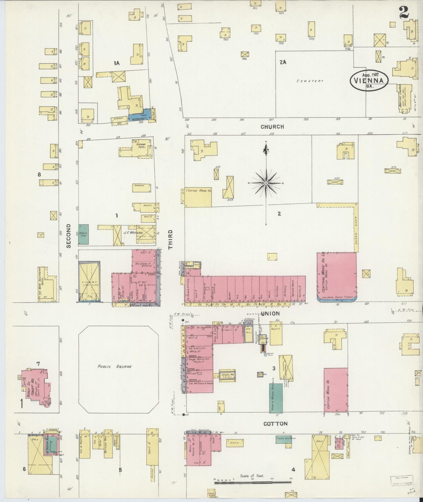 Sanborn Fire Insurance Map from Vienna, Dooly County, Georgia (1907), Sheet #0002 - Historic Sanborn Fire Insurance Map Print, vintage old map wall art, antique decor, genealogy gift, Georgia Georgia map