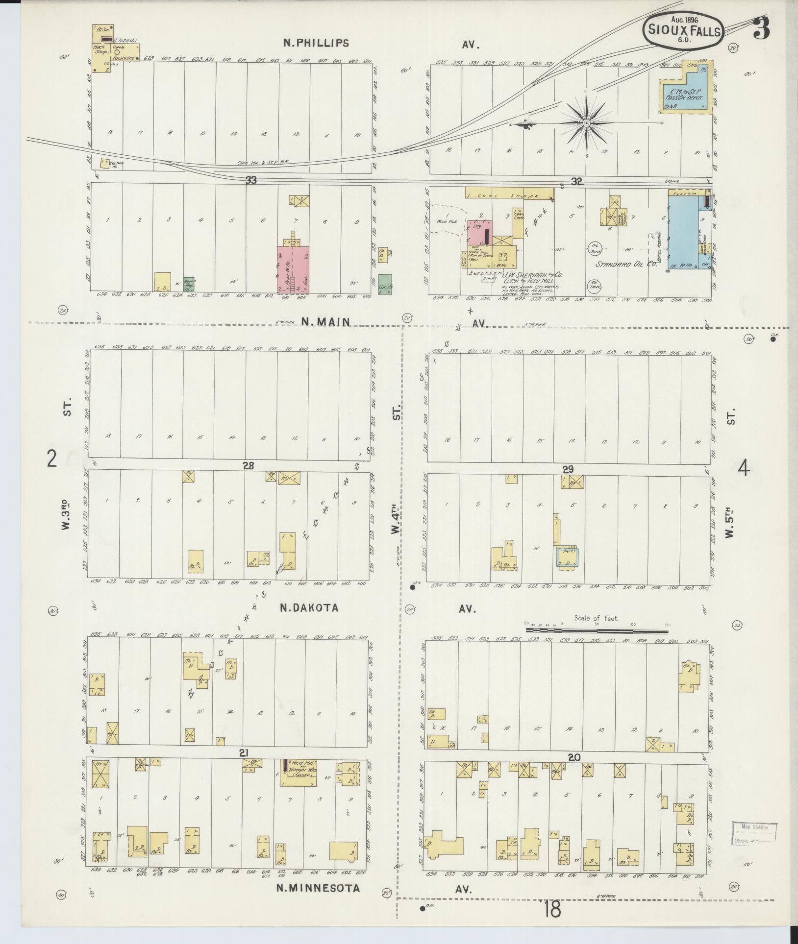 Sanborn Fire Insurance Map from Sioux Falls, Minnehaha County, South Dakota (1896), Sheet #0003 - Historic Sanborn Fire Insurance Map Print, vintage old map wall art, antique decor, genealogy gift, South Dakota South Dakota map
