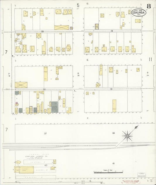 Sanborn Fire Insurance Map from Coalinga, Fresno County, California (1909), Sheet #0008 - Historic Sanborn Fire Insurance Map Print, vintage old map wall art, antique decor, genealogy gift, California California map