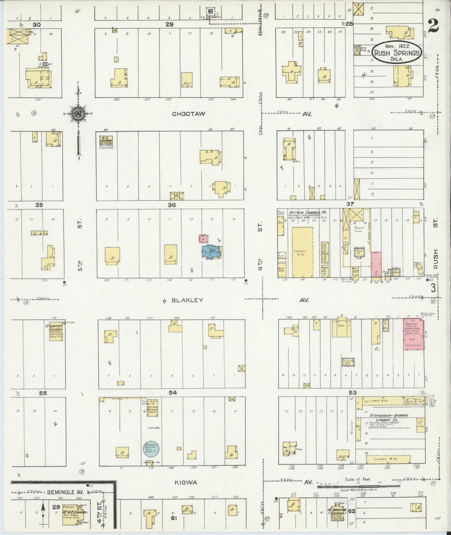 Sanborn Fire Insurance Map from Rush Springs, Grady County, Oklahoma (1922), Sheet #0002 - Historic Sanborn Fire Insurance Map Print, vintage old map wall art, antique decor, genealogy gift, Oklahoma Oklahoma map