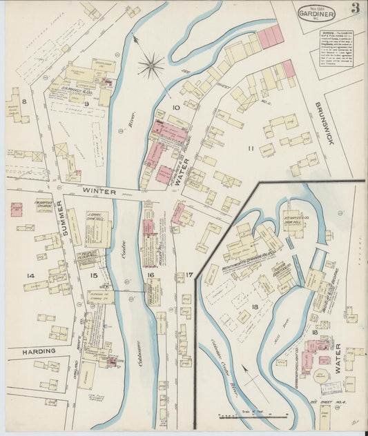 Sanborn Fire Insurance Map from Gardiner, Kennebec County, Maine (1884), Sheet #0003 - Historic Sanborn Fire Insurance Map Print, vintage old map wall art, antique decor, genealogy gift, Maine Maine map