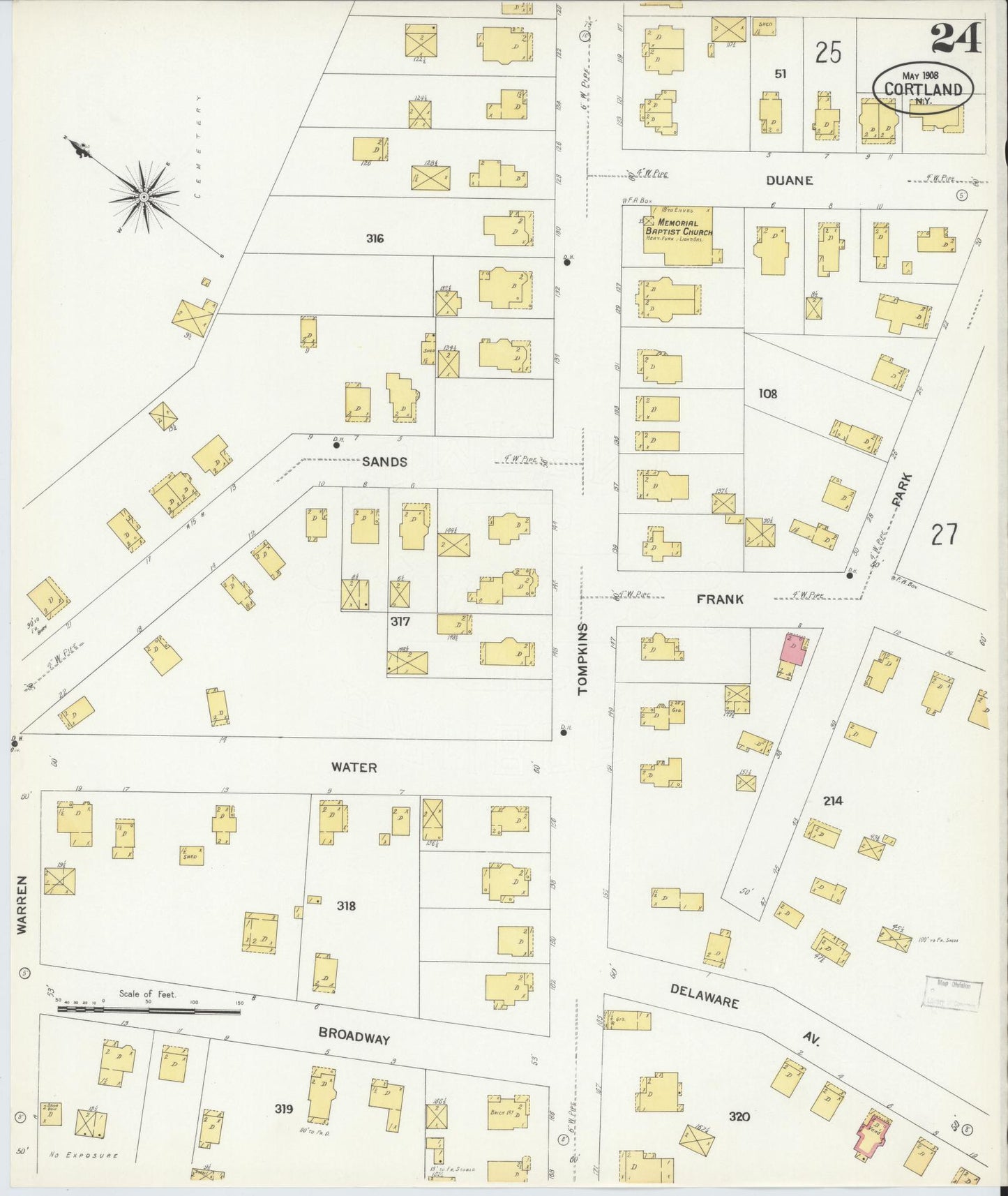 Sanborn Fire Insurance Map from Cortland, Cortland County, New York (1908), Sheet #0024 - Historic Sanborn Fire Insurance Map Print, vintage old map wall art, antique decor, genealogy gift, New York New York map