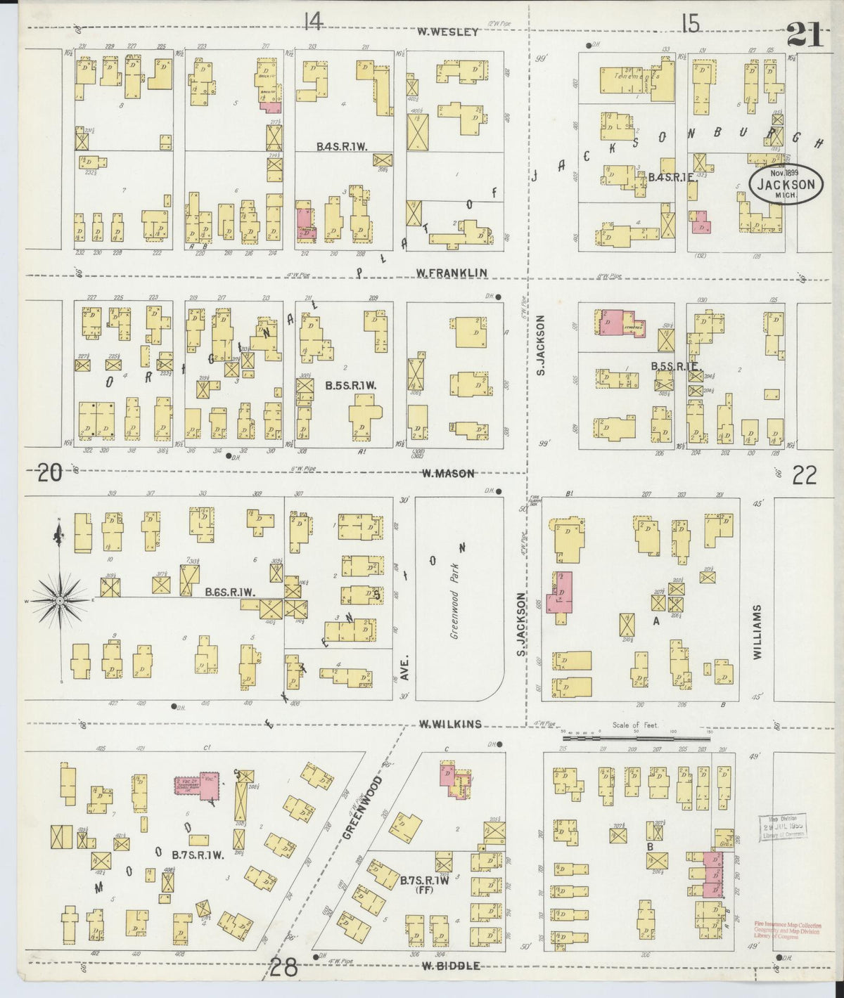 Sanborn Fire Insurance Map from Jackson, Jackson County, Michigan (1899), Sheet #0021 - Historic Sanborn Fire Insurance Map Print, vintage old map wall art, antique decor, genealogy gift, Michigan Michigan map