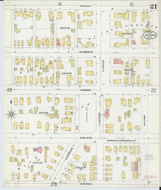 Sanborn Fire Insurance Map from Jackson, Jackson County, Michigan (1899), Sheet #0021 - Historic Sanborn Fire Insurance Map Print, vintage old map wall art, antique decor, genealogy gift, Michigan Michigan map
