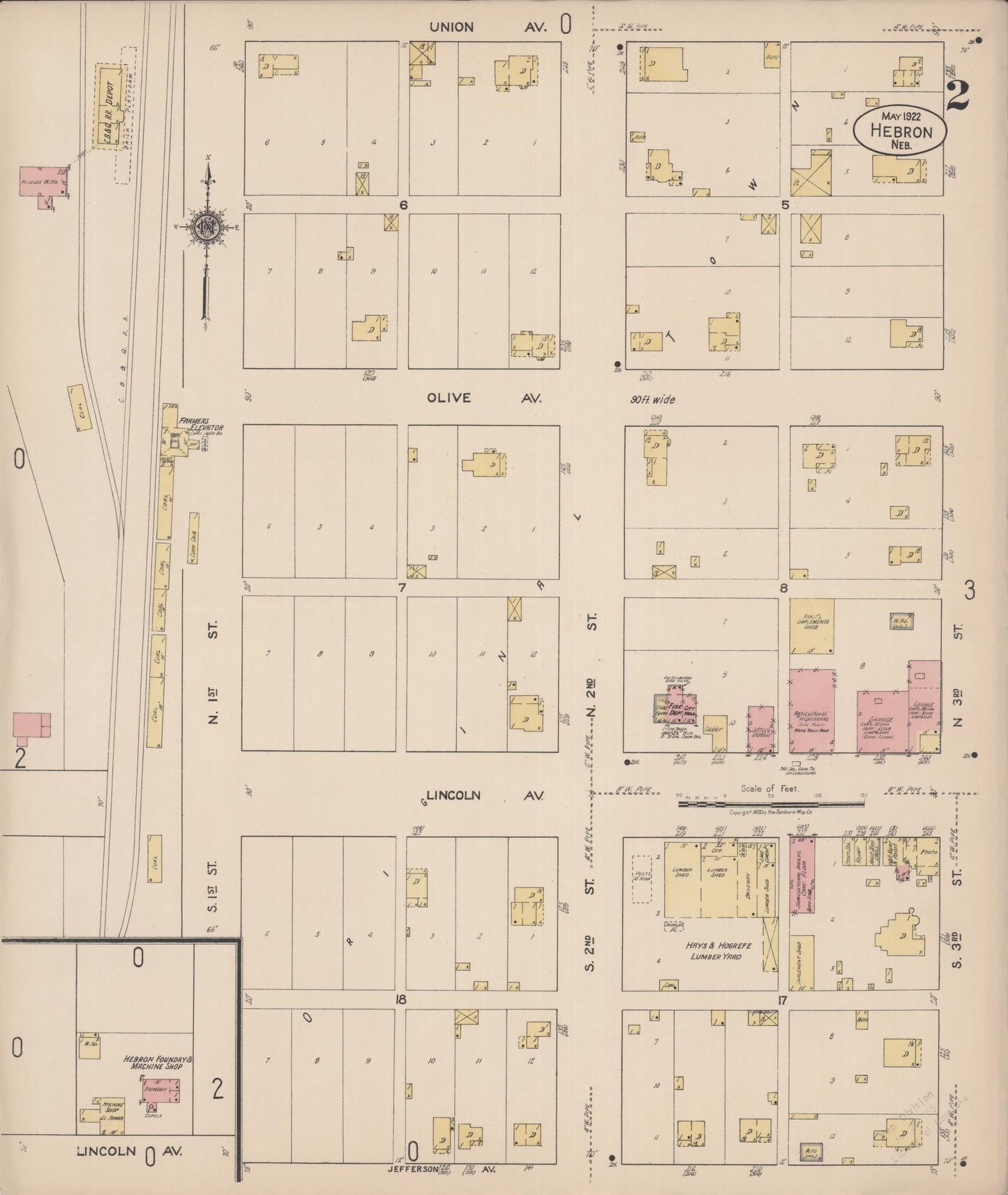 Sanborn Fire Insurance Map from Hebron, Thayer County, Nebraska (1922), Sheet #0002 - Historic Sanborn Fire Insurance Map Print, vintage old map wall art, antique decor, genealogy gift, Nebraska Nebraska map