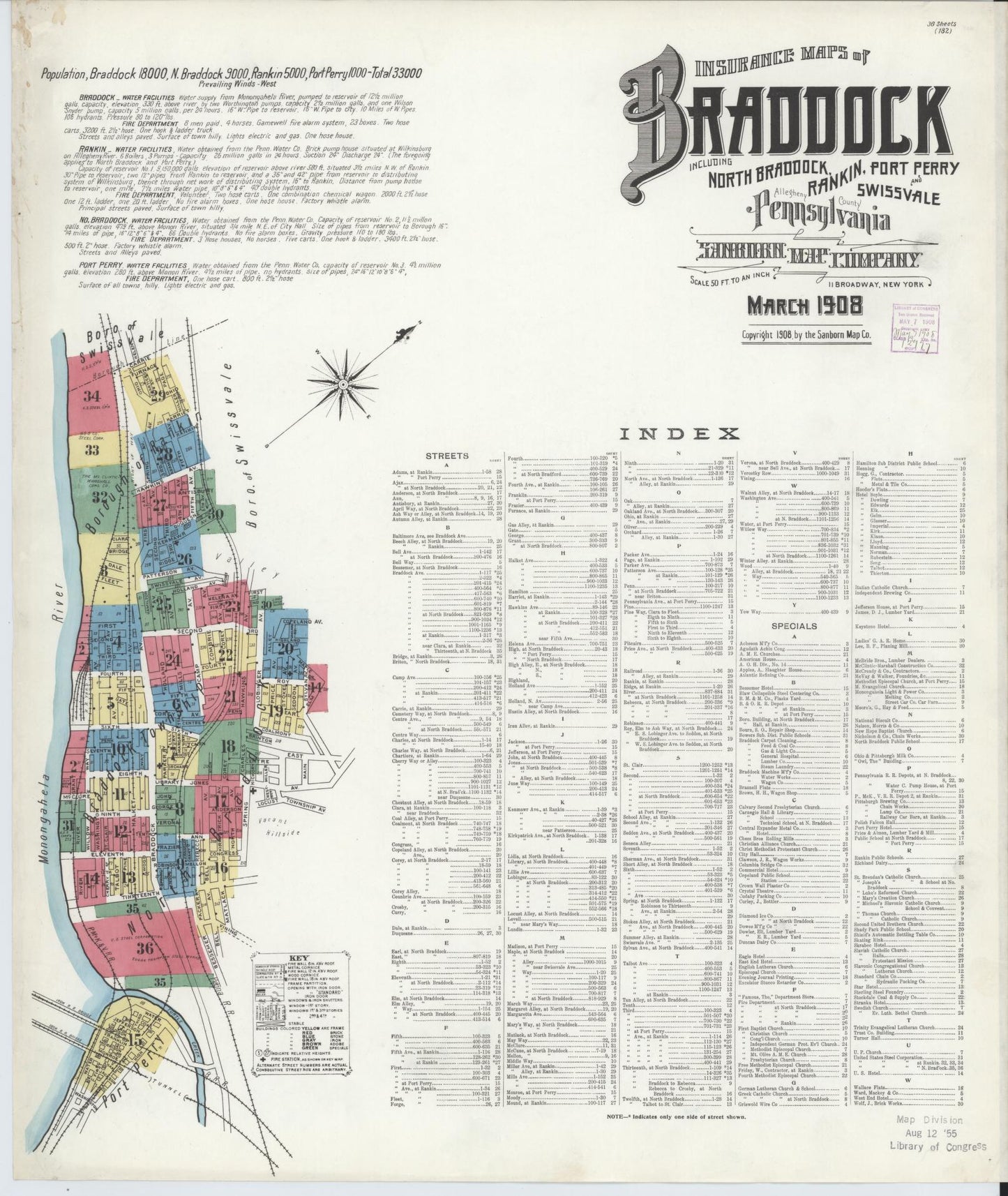 Sanborn Fire Insurance Map from Braddock, Allegheny County, Pennsylvania (1908), Sheet #0001 - Historic Sanborn Fire Insurance Map Print, vintage old map wall art, antique decor, genealogy gift, Pennsylvania Pennsylvania map