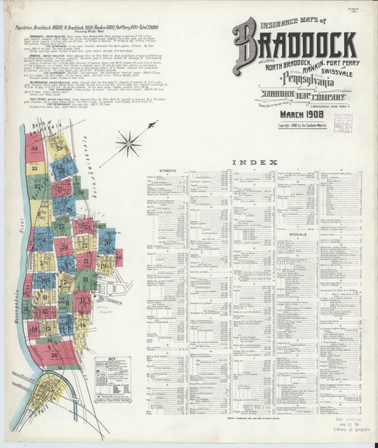 Sanborn Fire Insurance Map from Braddock, Allegheny County, Pennsylvania (1908), Sheet #0001 - Historic Sanborn Fire Insurance Map Print, vintage old map wall art, antique decor, genealogy gift, Pennsylvania Pennsylvania map