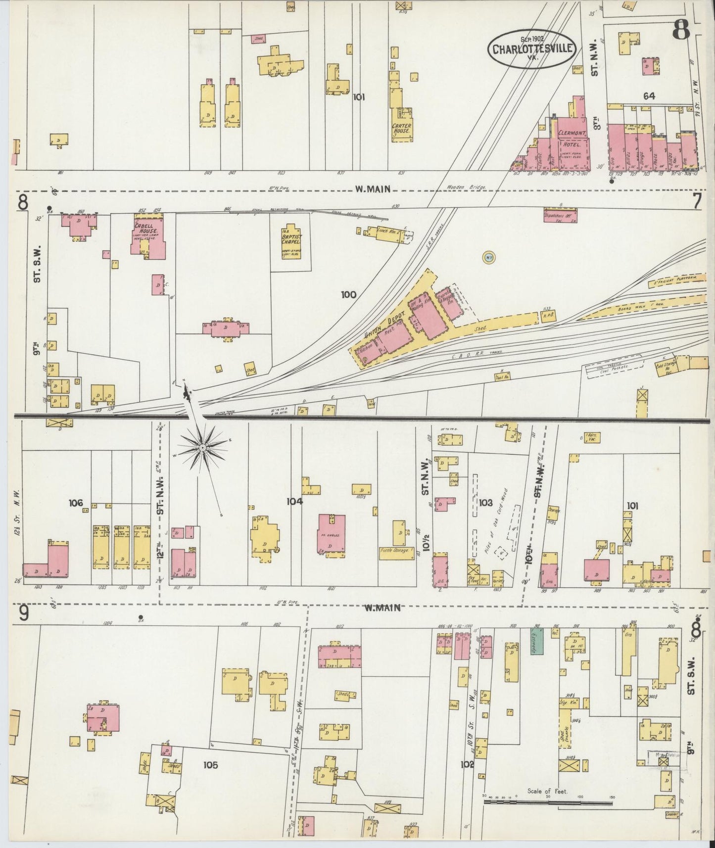 Sanborn Fire Insurance Map from Charlottesville, Independent Cities, Virginia (1902), Sheet #0008 - Complete Map Set gallery image, historic Sanborn map, vintage wall art, Virginia Virginia