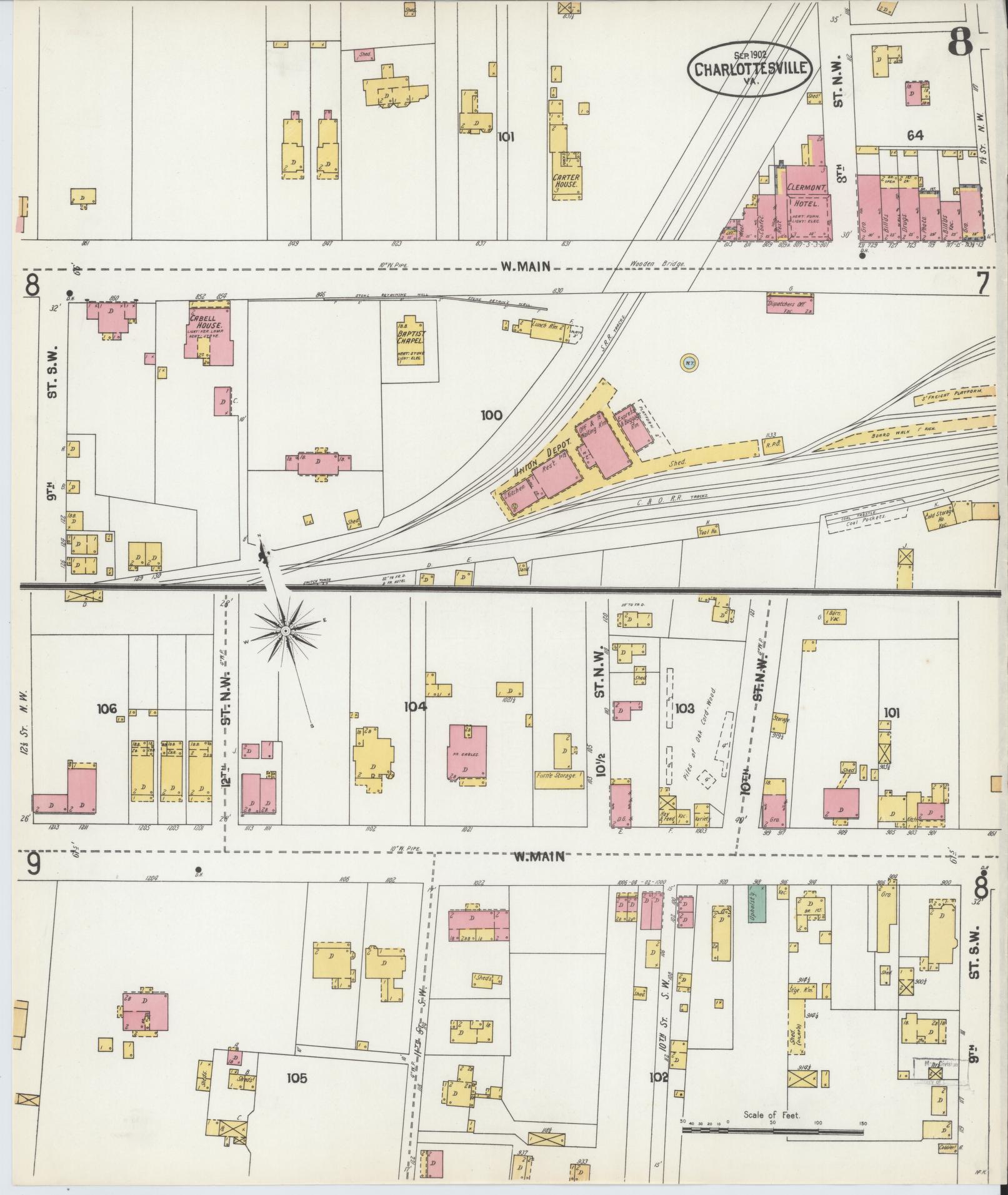 Sanborn Fire Insurance Map from Charlottesville, Independent Cities, Virginia (1902), Sheet #0008 - Complete Map Set gallery image, historic Sanborn map, vintage wall art, Virginia Virginia