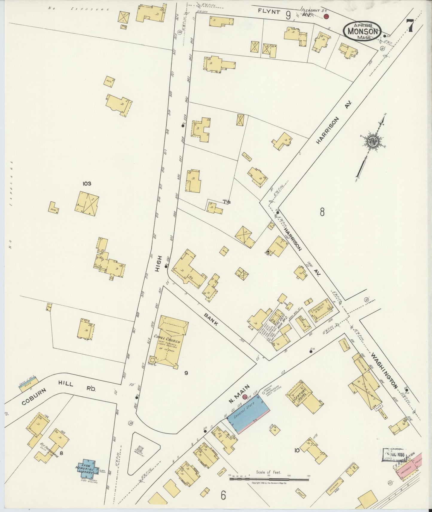 Sanborn Fire Insurance Map from Monson, Hampden County, Massachusetts (1918), Sheet #0007 - Historic Sanborn Fire Insurance Map Print, vintage old map wall art, antique decor, genealogy gift, Massachusetts Massachusetts map