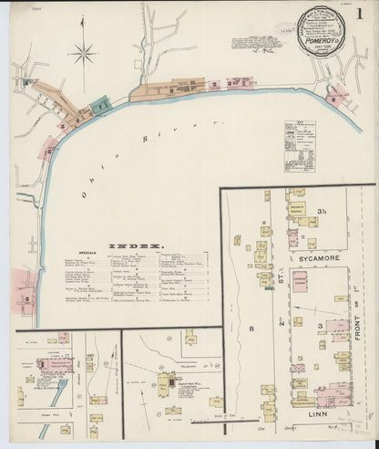 Sanborn Fire Insurance Map from Pomeroy, Meigs County, Ohio (1888), Sheet #0001 - Historic Sanborn Fire Insurance Map Print, vintage old map wall art, antique decor, genealogy gift, Ohio Ohio map