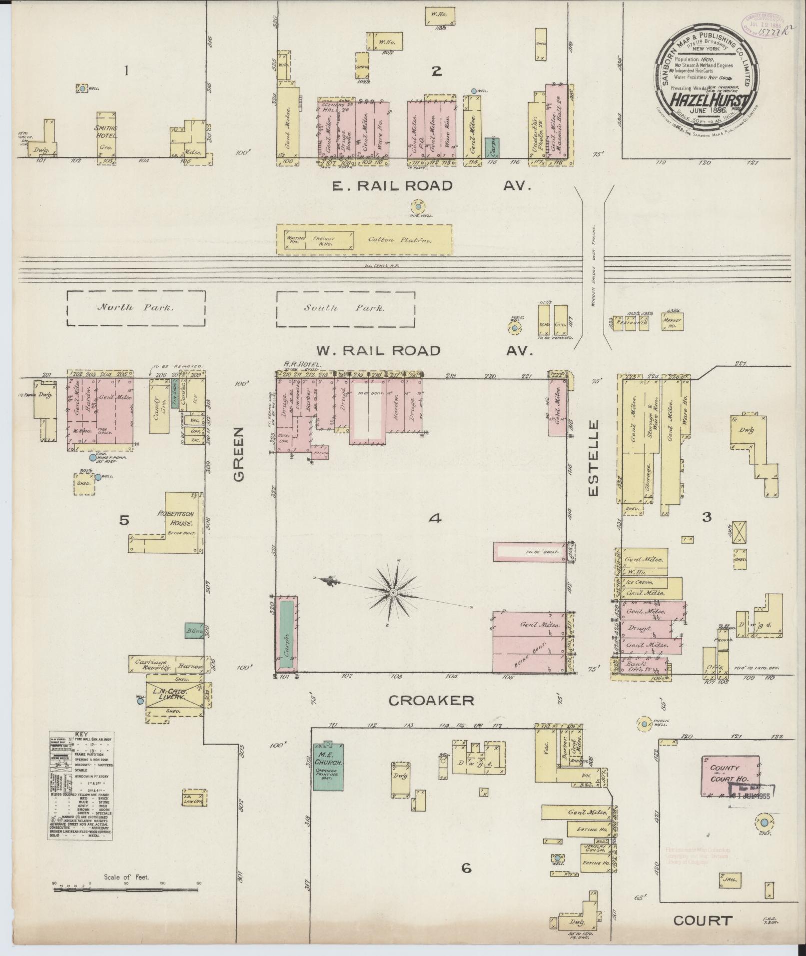 Sanborn Fire Insurance Map from Hazlehurst, Copiah County, Mississippi (1886), Sheet #0001 - Historic Sanborn Fire Insurance Map Print, vintage old map wall art, antique decor, genealogy gift, Mississippi Mississippi map