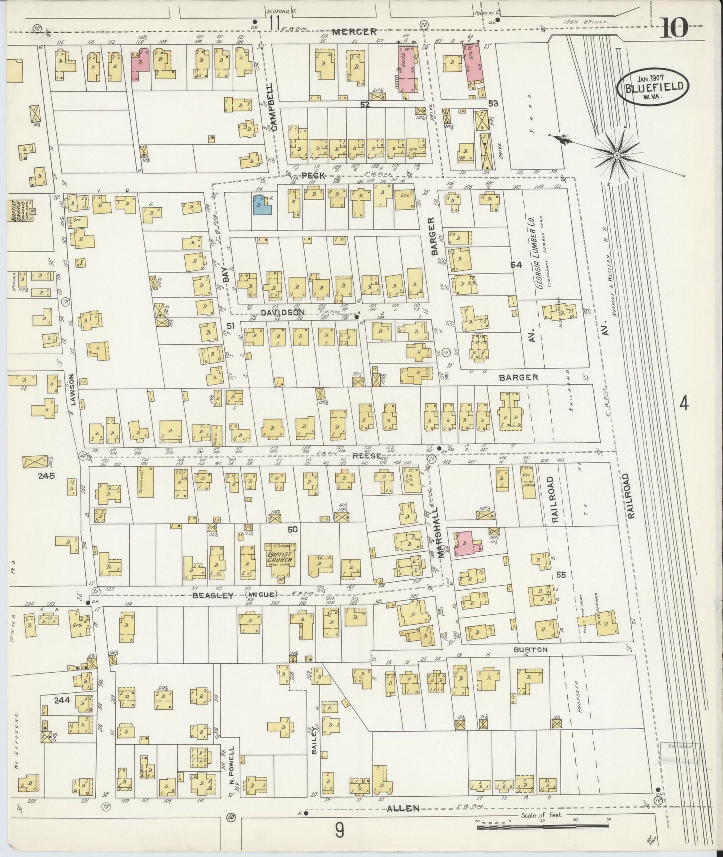 Sanborn Fire Insurance Map from Bluefield, Mercer County, West Virginia (1907), Sheet #0010 - Historic Sanborn Fire Insurance Map Print, vintage old map wall art, antique decor, genealogy gift, West Virginia West Virginia map