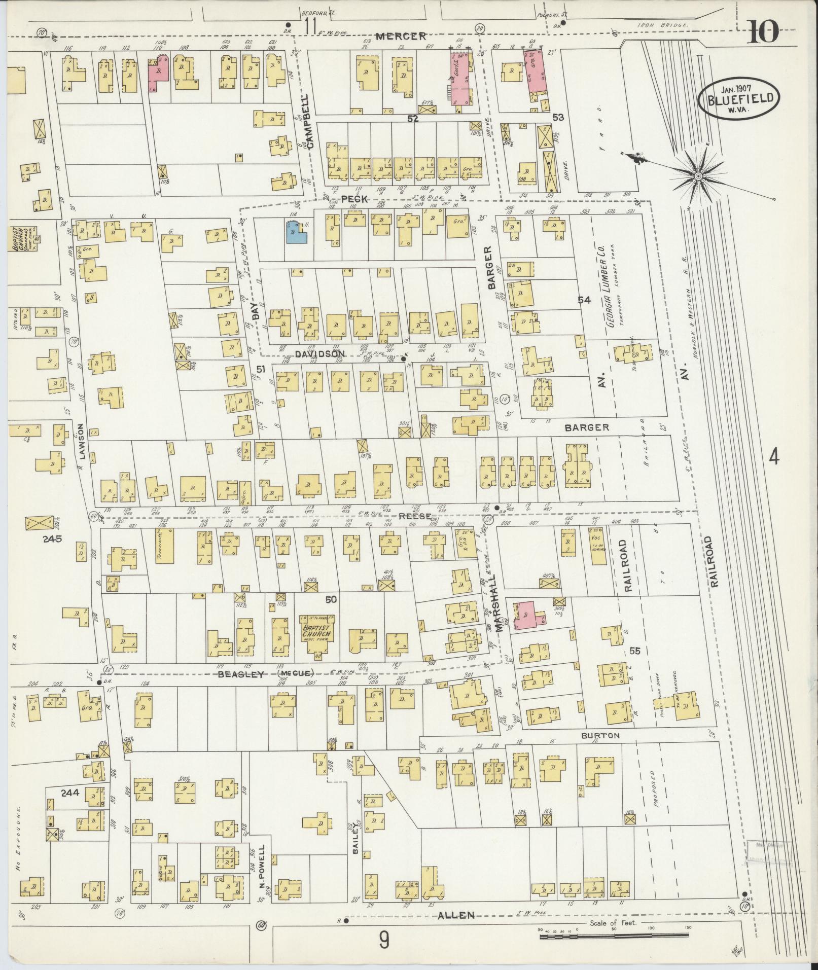 Sanborn Fire Insurance Map from Bluefield, Mercer County, West Virginia (1907), Sheet #0010 - Historic Sanborn Fire Insurance Map Print, vintage old map wall art, antique decor, genealogy gift, West Virginia West Virginia map
