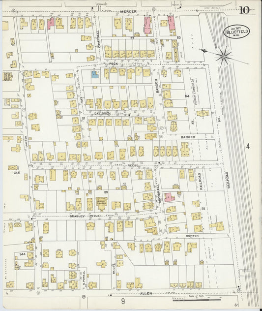Sanborn Fire Insurance Map from Bluefield, Mercer County, West Virginia (1907), Sheet #0010 - Historic Sanborn Fire Insurance Map Print, vintage old map wall art, antique decor, genealogy gift, West Virginia West Virginia map