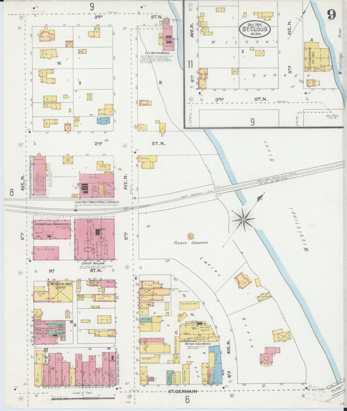 Sanborn Fire Insurance Map from Saint Cloud, Stearns, Benton, and Sherburne Counties, Minnesota (1904), Sheet #0009 - Historic Sanborn Fire Insurance Map Print, vintage old map wall art, antique decor, genealogy gift, Minnesota Minnesota map