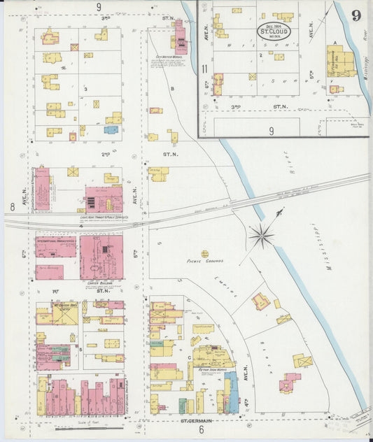 Sanborn Fire Insurance Map from Saint Cloud, Stearns, Benton, and Sherburne Counties, Minnesota (1904), Sheet #0009 - Historic Sanborn Fire Insurance Map Print, vintage old map wall art, antique decor, genealogy gift, Minnesota Minnesota map