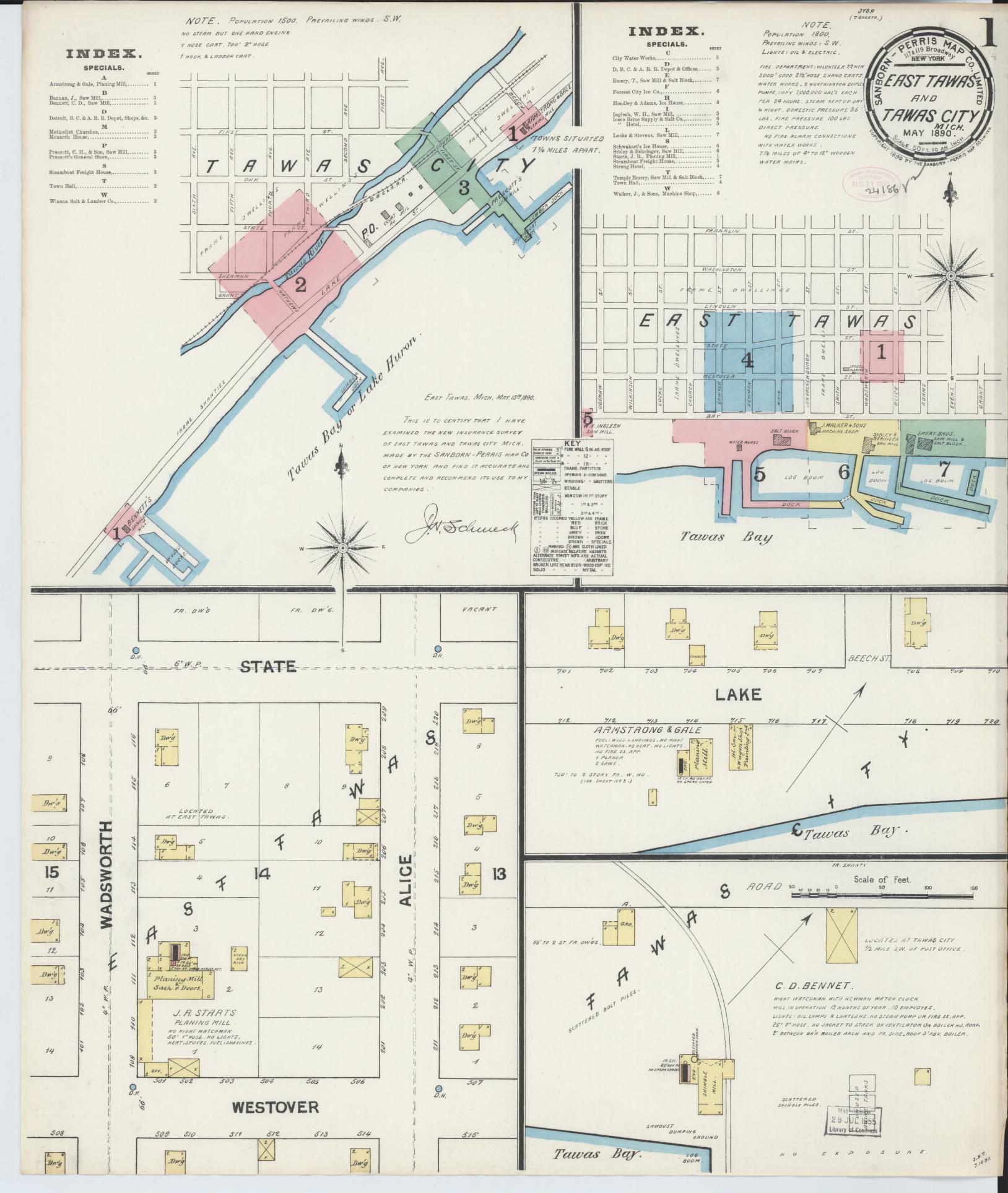 Sanborn Fire Insurance Map from East Tawas, Iosco County, Michigan (1890), Sheet #0001 - Complete Map Set gallery image, historic Sanborn map, vintage wall art, Michigan Michigan