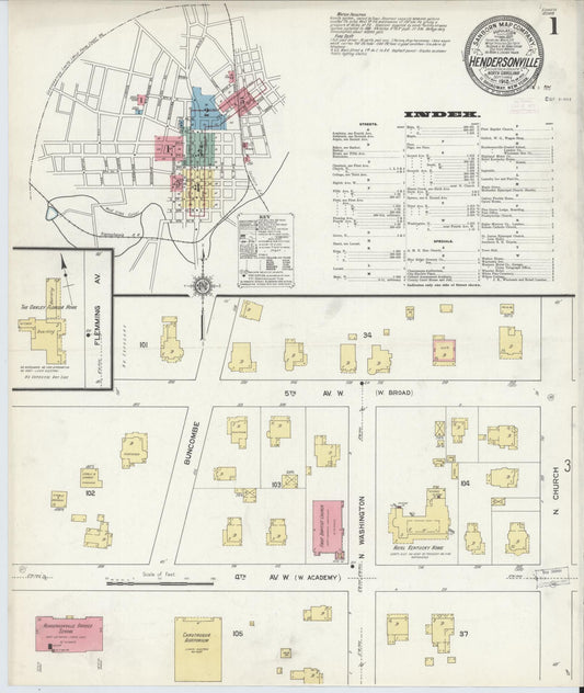 Sanborn Fire Insurance Map from Hendersonville, Henderson County, North Carolina (1912), Sheet #0001 - Historic Sanborn Fire Insurance Map Print, vintage old map wall art, antique decor, genealogy gift, North Carolina North Carolina map