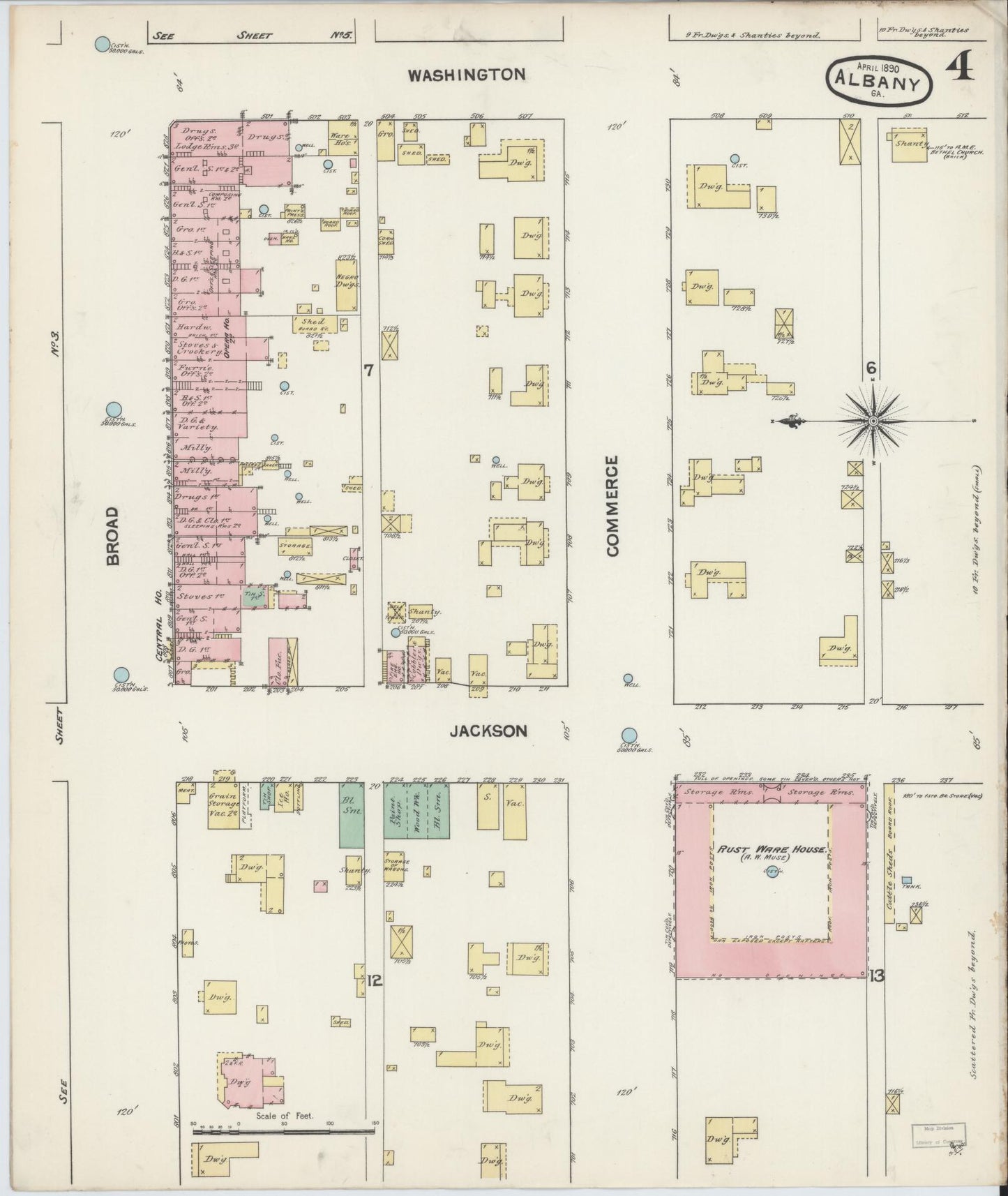 Sanborn Fire Insurance Map from Albany, Dougherty County, Georgia (1890), Sheet #0004 - Complete Map Set gallery image, historic Sanborn map, vintage wall art, Georgia Georgia
