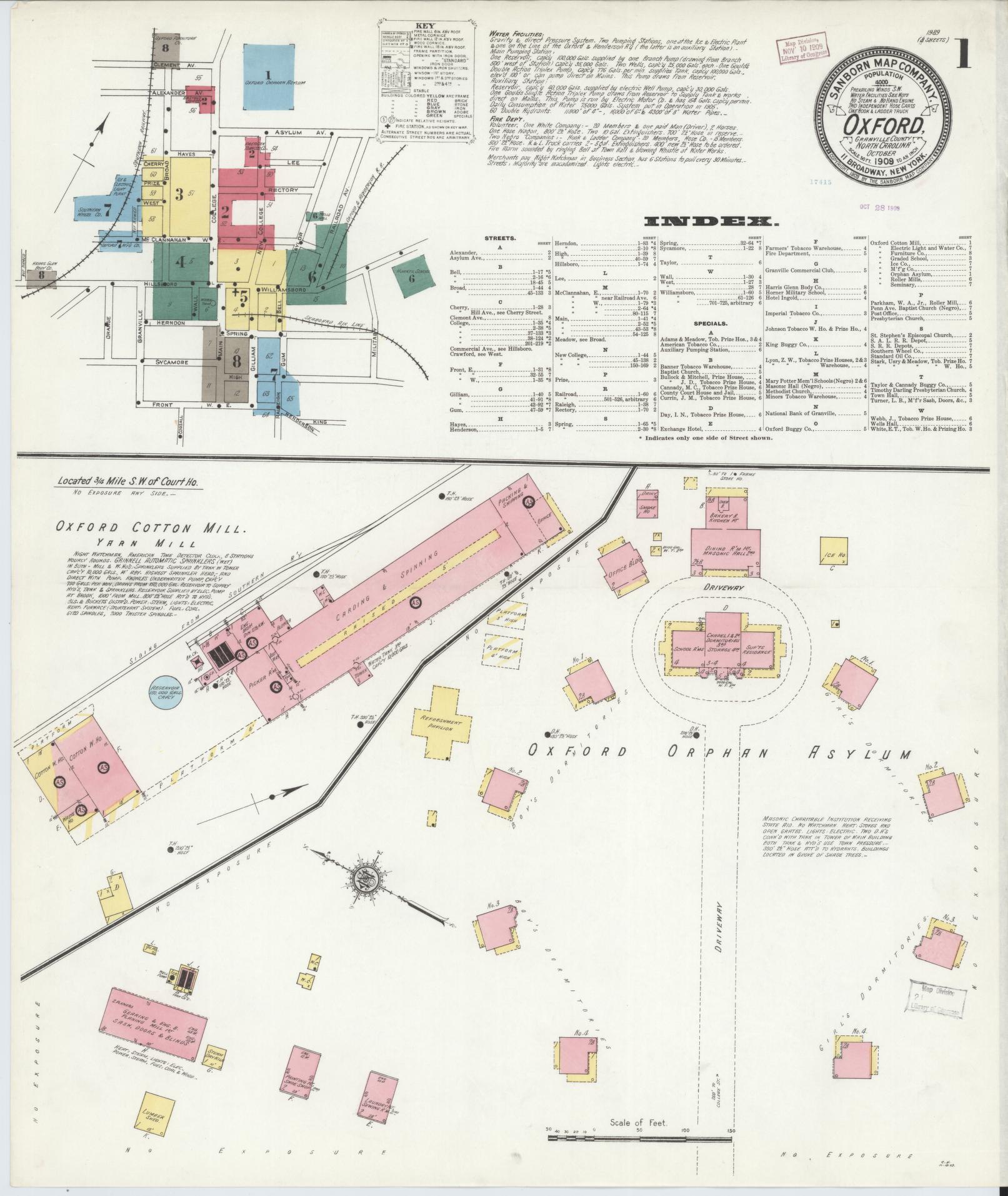 Sanborn Fire Insurance Map from Oxford, Granville County, North Carolina (1909), Sheet #0001 - Complete Map Set gallery image, historic Sanborn map, vintage wall art, North Carolina North Carolina