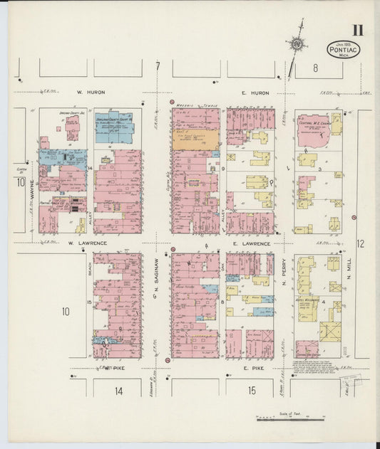 Sanborn Fire Insurance Map from Pontiac, Oakland County, Michigan (1915), Sheet #0011 - Historic Sanborn Fire Insurance Map Print, vintage old map wall art, antique decor, genealogy gift, Michigan Michigan map