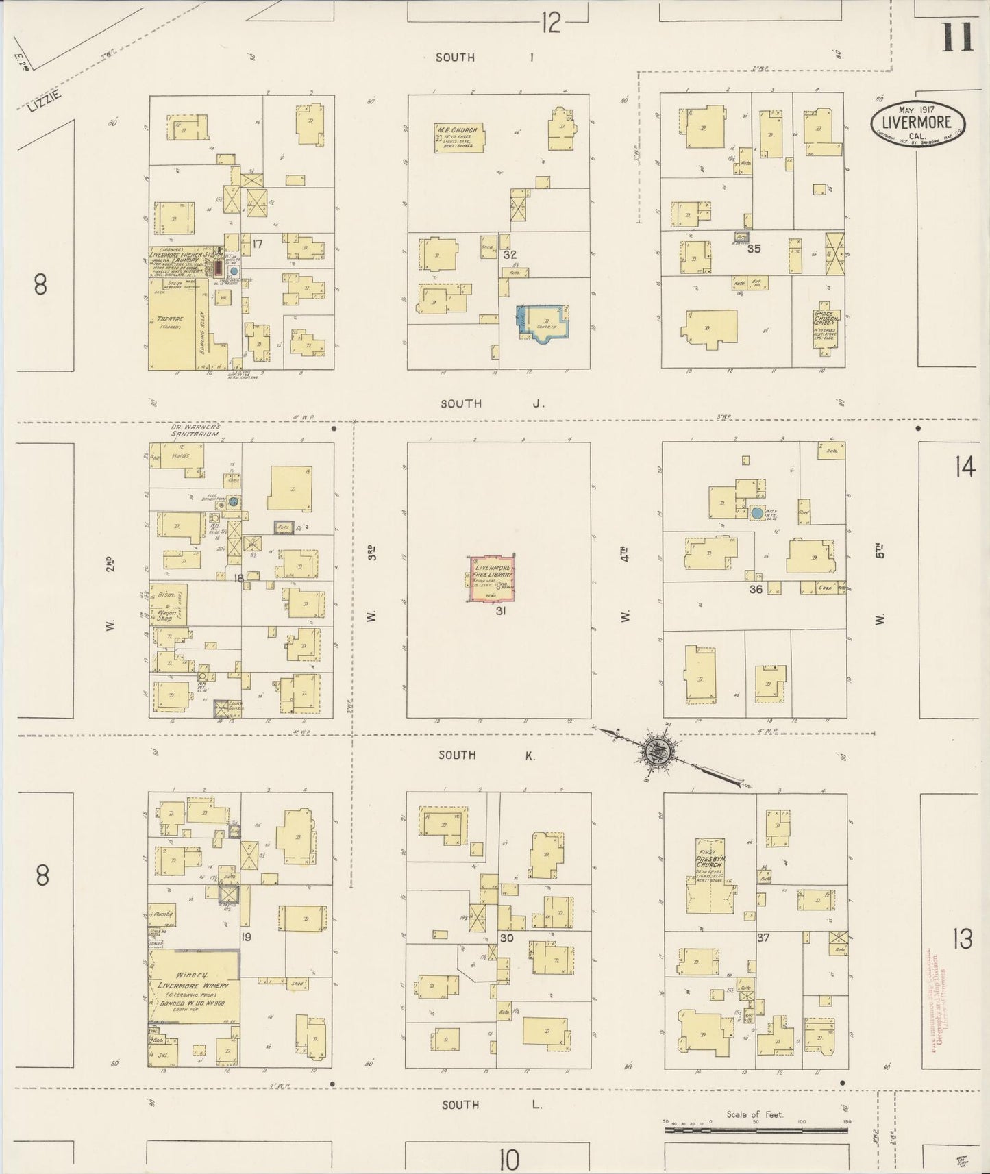 Sanborn Fire Insurance Map from Livermore, Alameda County, California (1917), Sheet #0011 - Complete Map Set gallery image, historic Sanborn map, vintage wall art, California California