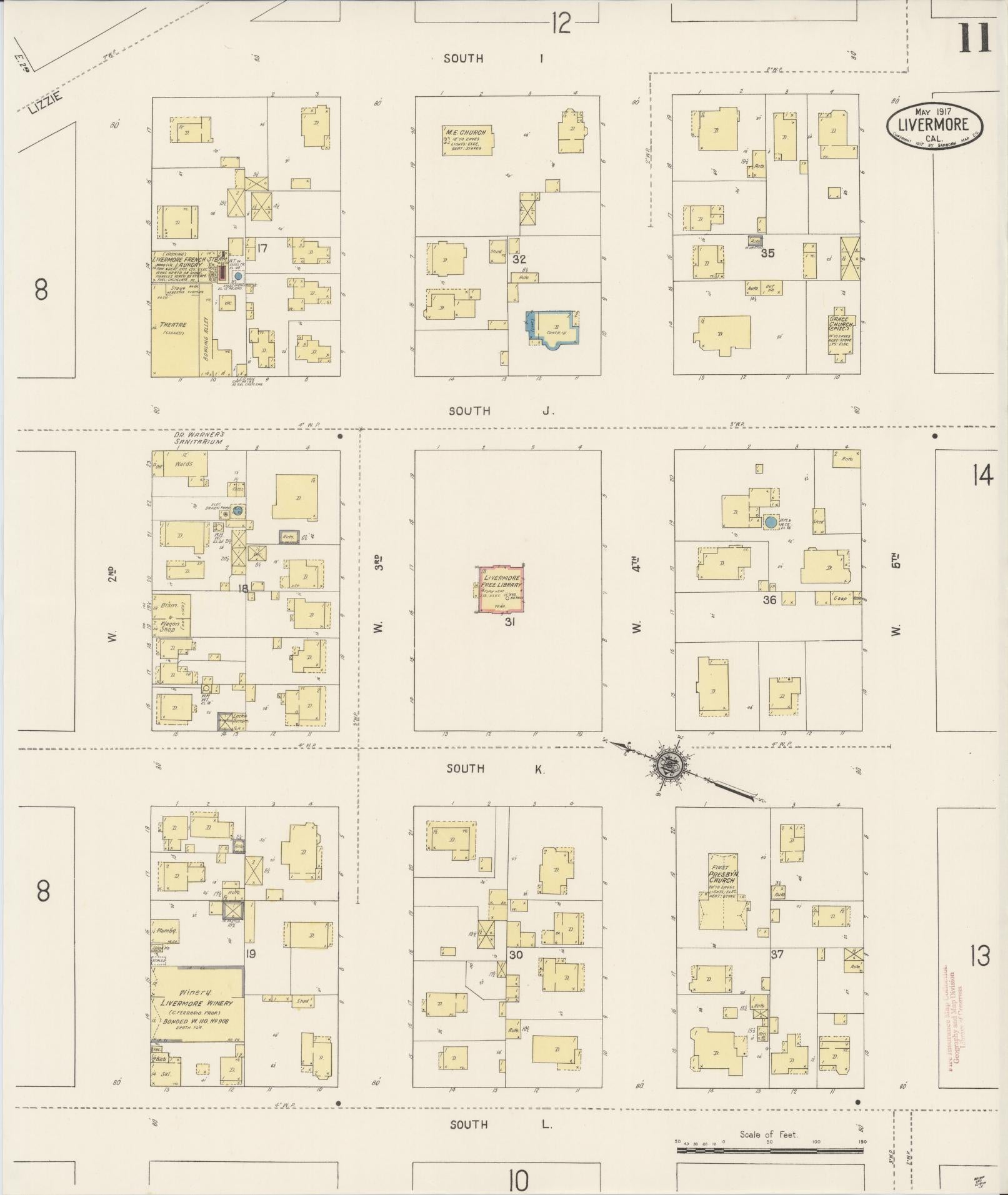 Sanborn Fire Insurance Map from Livermore, Alameda County, California (1917), Sheet #0011 - Complete Map Set gallery image, historic Sanborn map, vintage wall art, California California