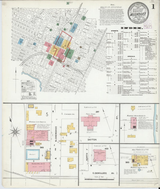 Sanborn Fire Insurance Map from Muskogee, Muskogee County, Oklahoma (1904), Sheet #0001 - Complete Map Set gallery image, historic Sanborn map, vintage wall art, Oklahoma Oklahoma
