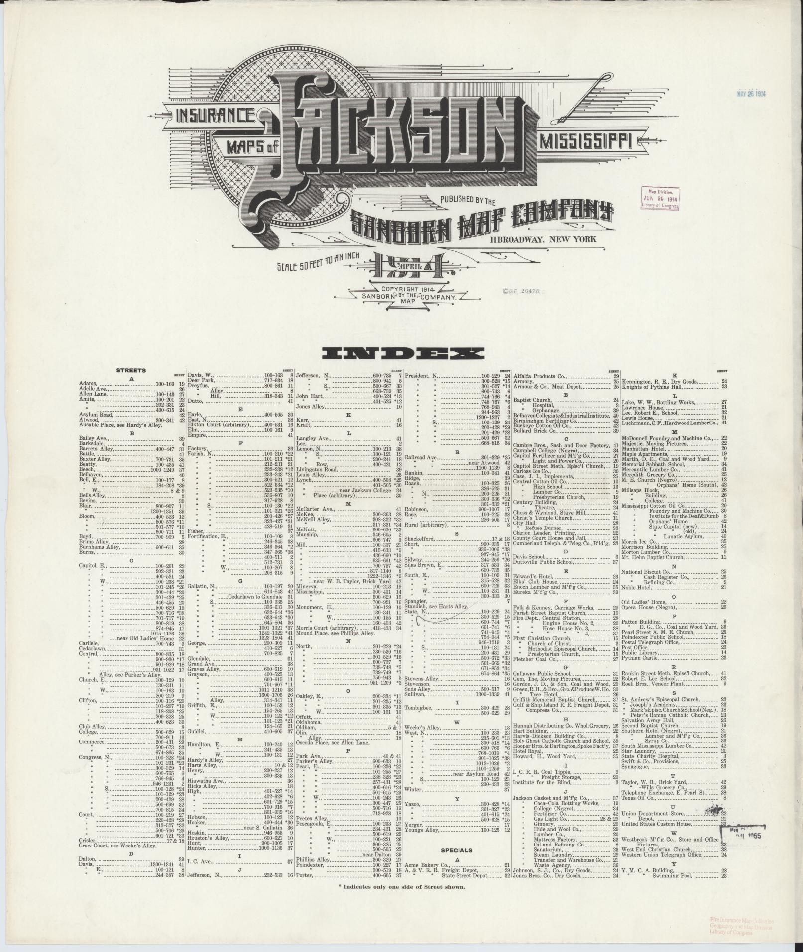 Sanborn Fire Insurance Map from Jackson, Hinds County, Mississippi (1914), Sheet #0001 - Historic Sanborn Fire Insurance Map Print, vintage old map wall art, antique decor, genealogy gift, Mississippi Mississippi map