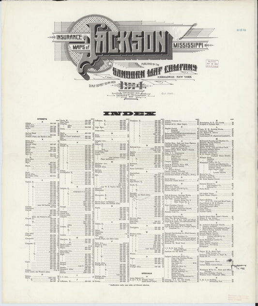 Sanborn Fire Insurance Map from Jackson, Hinds County, Mississippi (1914), Sheet #0001 - Historic Sanborn Fire Insurance Map Print, vintage old map wall art, antique decor, genealogy gift, Mississippi Mississippi map
