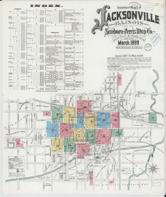 Sanborn Fire Insurance Map from Jacksonville, Morgan County, Illinois (1899), Sheet #0001 - Historic Sanborn Fire Insurance Map Print, vintage old map wall art, antique decor, genealogy gift, Illinois Illinois map