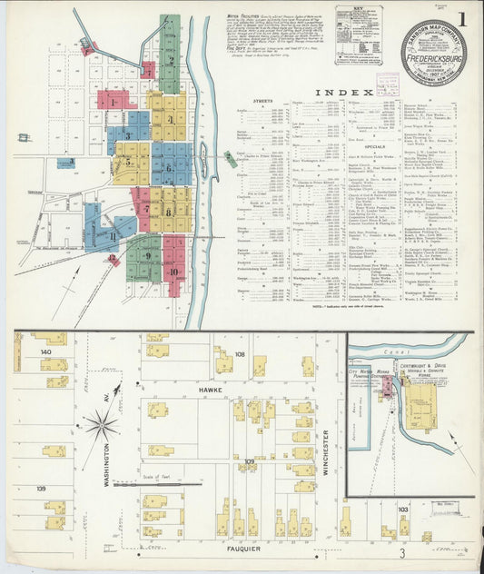Sanborn Fire Insurance Map from Fredericksburg, Independent Cities, Virginia (1907), Sheet #0001 - Complete Map Set gallery image, historic Sanborn map, vintage wall art, Virginia Virginia