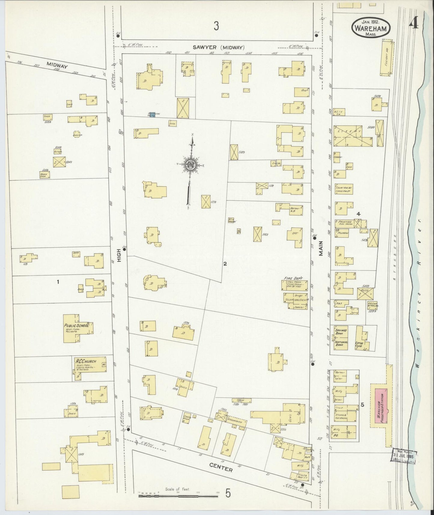 Sanborn Fire Insurance Map from Wareham, Plymouth County, Massachusetts (1912), Sheet #0004 - Complete Map Set gallery image, historic Sanborn map, vintage wall art, Massachusetts Massachusetts